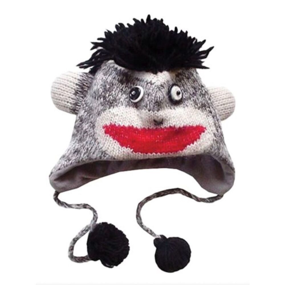The Collection Royal Sock Monkey Knit Earflap Hat Beanie Pom-Poms Grey & Red